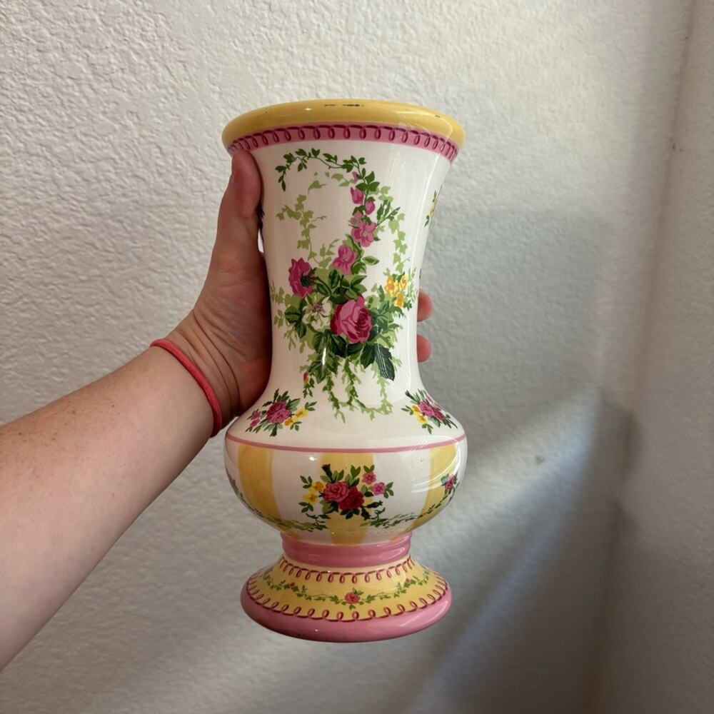 Laura Ashley White Floral Ceramic Vase with Pink and Yellow Accents Roses